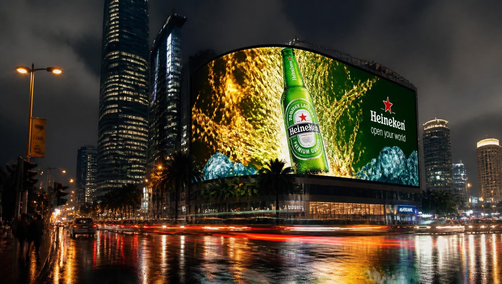Premium LED digital billboard glowing over an African city skyline at night
